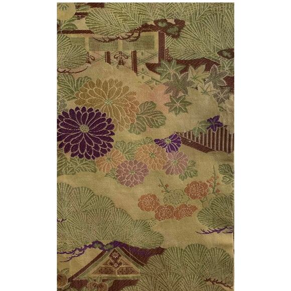Antique Japanese Maru Silk & Wool Obi With Multicolored Peonies Landscape Design - Picture 7 of 12